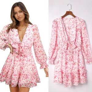 Pink Deep V-Neck Lantern Sleeve Knotted Tired Mini Dress Pink Sz L